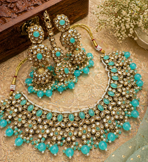 Polki stone with pearls beaded work beautiful necklace with jhumka and tikka set