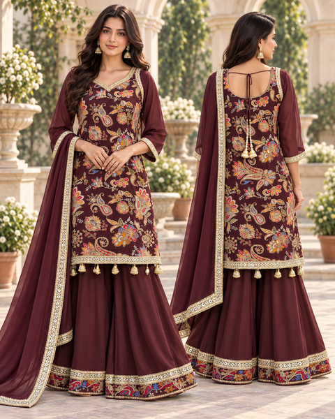 Crepe Silk based embroidery worn kameez with circular plazo & dupatta .Slight variation in colour/design possible