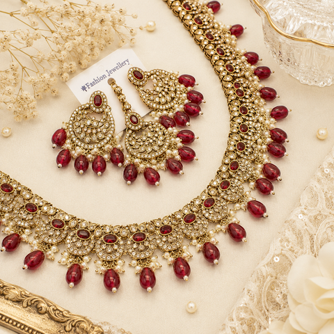 Jerkan stone with pearls beaded work beautiful necklace with earrings and tikka set