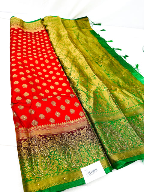 Art Silk Saree With Beautiful Stone Work With Contrast Pallu And Blouse