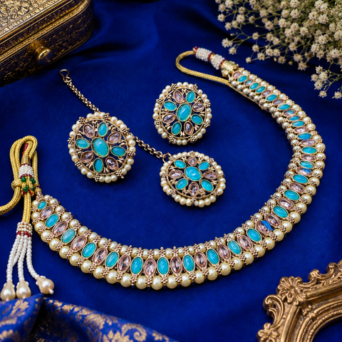 Polki And Pearls Work Beautiful Necklace Set With studs & Tikka