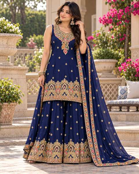 Beautiful georgette fabric outfit with full embroidery and mirror work all over the kameez. Paired with a loose circular palazzo and a matching dupatta with just a border. 
Slight variation in colour and design is possible