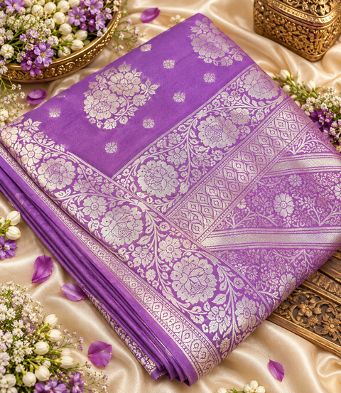 Luxuriously soft silk saree with a smooth, lightweight feel and beautifully flowy drape. Featuring rich woven zari floral motifs and an elegant detailed border .Blouse piece included. Slight variation in colour and design is possible.