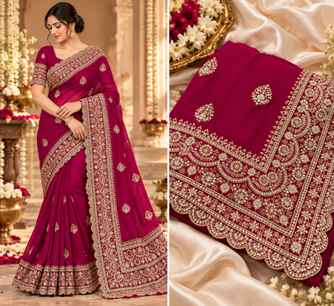 Georgette Saree featuring intricate embroidery, elegant stonework and a rich scalloped border with all-over motif detailing. Attached blouse piece included; model blouse is for reference only. Slight variation in colour and design is possible.