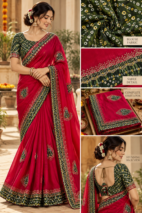 Soft Saree with a beautiful contrast bandhani-style border, elegant handwork & stone detailing throughout. Soft, comfortable & easy to drape. Attached blouse piece included; model blouse is for reference only. Slight variation in colour & design may occur