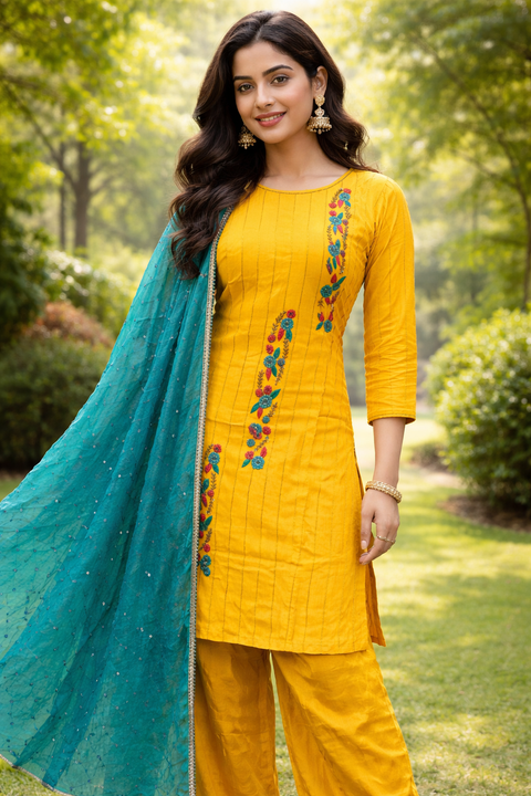 Size 38 and can be altered upto 40) 
Crepe silk salwar suit featuring delicate floral embroidery and fine vertical detailing, with chiffon contrasting dupatta. Designed for a graceful, comfortable fit(slight variance in color and design is possible)