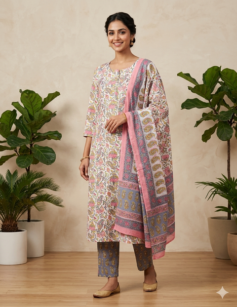 Size 38 Cotton Rayon Based  Embroidery Printed Kurti With Plazo pants & Dupatta