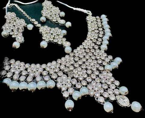Jerkan stone with white pearls beautiful necklace with Earrings and Tikka set