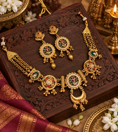 Elegant South Indian temple-style necklace set in a rich gold finish, detailed with red and green stones, pearl drops, and intricate traditional motifs. Comes with matching statement earrings(slight variation in color & design may occur)