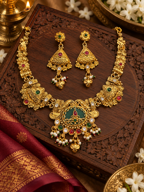 Elegant South Indian temple-style necklace set in a rich gold finish, detailed with red and green stones, pearl drops, and intricate traditional motifs. Comes with matching statement earrings(slight variation in color & design may occur)