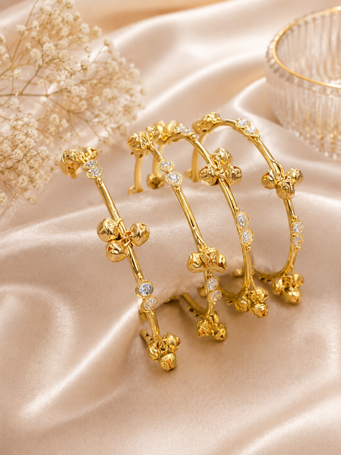 Delicate ghungroo sparkle with timeless ethnic charm , Kashmiri Style Ghungroo Bangles with Kundan stone  (price per set ( 4 bangles in 1 set)(slight variation in color and design is possible)