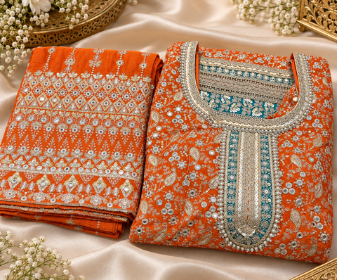 Elegant Chanderi Silk suit featuring all-over heavy embroidery and mirror work with a beautifully detailed neckline. Paired with a heavily embroidered palazzo and a gorgeous matching dupatta .Slight variation may ofcolour & design is possible