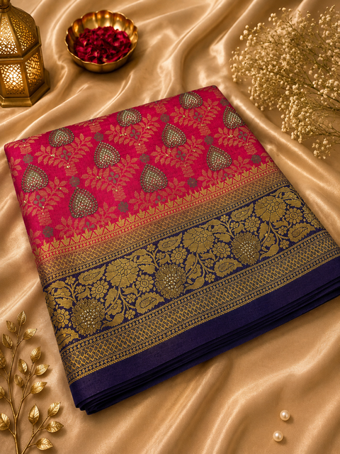 Elegant Art Silk Saree adorned with delicate zari-woven butis, a rich pallu and graceful tassel detailin,Comes with an unstitched running blouse piece attached to the saree (slight variation in color and design is possible