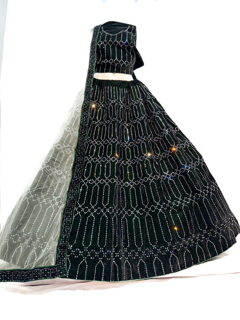 Green Black Velvet based Shiny Crystals work heavy flared Ken Ken Party Wear Designer Lehnga with netting dupatta and designer blouse (unstitched lehnga & Blouse) Video clip attached