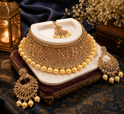Golden Jerkan Stone Beautiful choker Necklace Set (slight variation in color and design is possible)