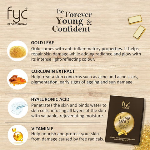 FYC Lustre Gold Facial Kit – a luminous and radiant facial kit designed to refresh dull-looking skin and leave it feeling smooth, bright and glowing.