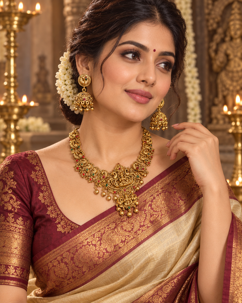 Elegant matte gold-finish Temple Jewellery Set featuring an intricate Goddess Lakshmi motif with beautifully detailed elephant designs and green stone accents. Comes with matching jhumka earrings(slight variation in color & design may occur)