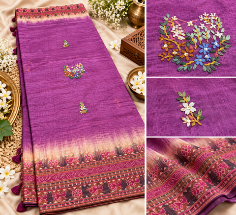 Elegant Chanderi cotton silk saree featuring delicate dotted prints, a beautifully detailed floral pallu and traditional printed border. Lightweight, graceful and perfect for festive or elegant day wear.