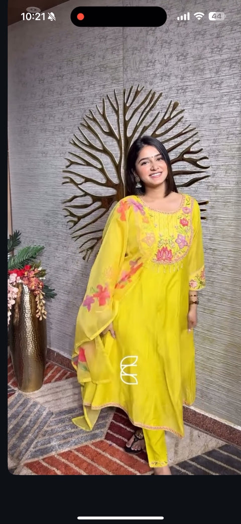 (Video Clip attached)Plus size Pure and soft Chanderi Silk based beautiful embroidery work flared kameez & Plazo pants with beautiful floral print organza Dupatta