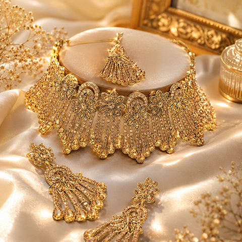 Golden Jerkan Stone Beautiful choker Necklace Set (slight variation in color and design is possible)