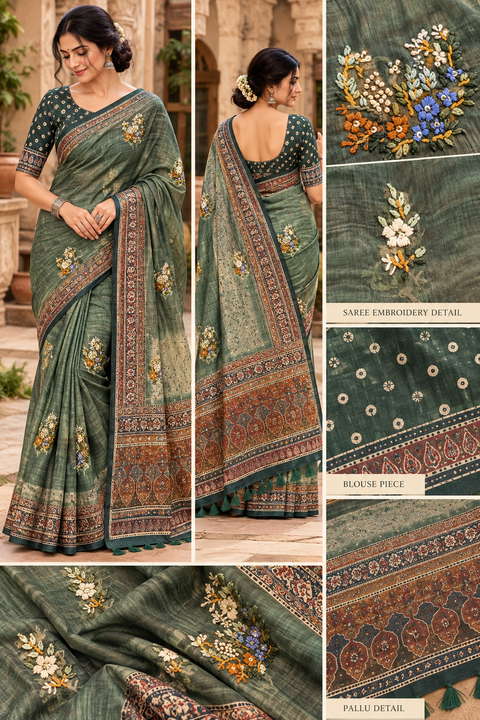 Elegant Chanderi cotton silk saree featuring delicate dotted prints, a beautifully detailed floral pallu and traditional printed border. Lightweight, graceful and perfect for festive or elegant day wear.