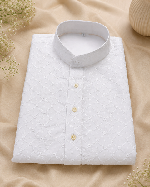White colour cotton  based chikankari work kurta with white pajama(slight variation in color and design is possible)