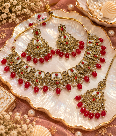 Beautiful polki stones with pearls and colorful stones necklace & earrings with Tikka. Slight variations in colour and design are possible