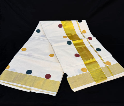 KERALA KASAVU COTTON SAREE WITH BEAUTIFUL Dotted PRINT