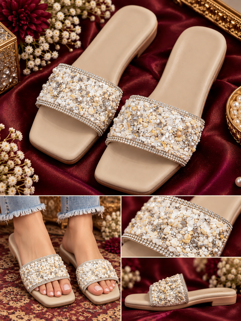 Beautiful flats with elegant shell and stone embellishment. Soft, stylish and comfortable for festive and party wear.