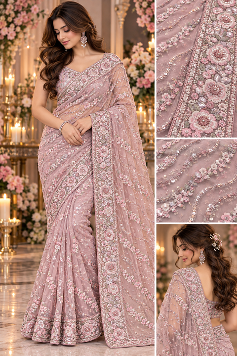 Heavy Embroidered Net Saree Beautiful net saree with all-over floral embroidery, sequin work & a rich heavy border.Blouse shown is for reference only; actual blouse piece is attached with the saree. Slight variation in colour/design possible.