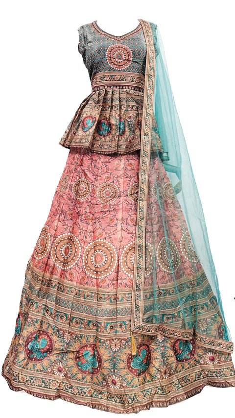 Silk based stone work design Bandhani print beautiful flared Kameez with lehnga multiflared and netting Dupatta