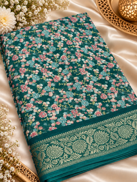 Soft Georgette Printed Saree – Lightweight and flowy with elegant all-over print and border. Matching blouse piece attached; model blouse is for reference only. Slight variation in colour/design is possible.
