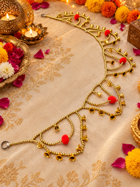 Festive Diwali Door Toran – Beautifully designed with colourful pom-poms, pearl detailing and elegant golden hanging accents. Slight variation in colour and design may occur
