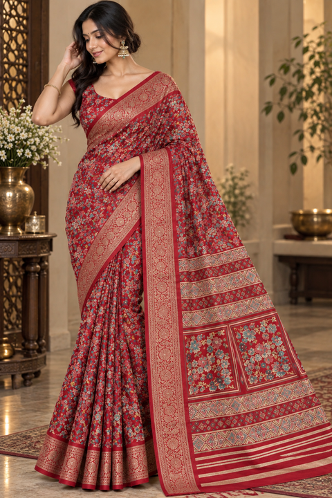 Soft Georgette Printed Saree – Lightweight and flowy with elegant all-over print and border. Matching blouse piece attached; model blouse is for reference only. Slight variation in colour/design is possible.