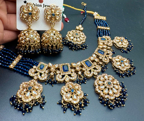 Original Polki stone with pearls beaded work beautiful necklace with jhumka and tikka set