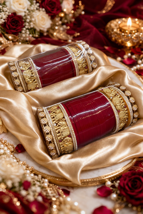 High-quality finish with rich Maroon  bangles, Elephant design detailed gold carving, pearl edging, and stone accents. Durable, elegant, and made for a long-lasting bridal shine