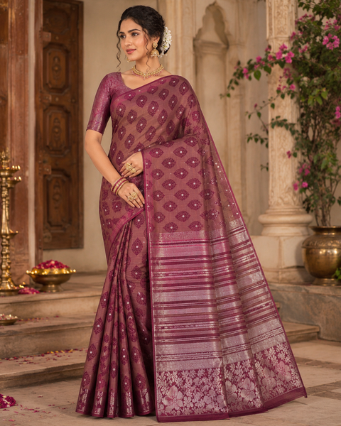 Art silk saree,woven pallu and intricate border.Comes with attached blouse piece (model blouse for reference only)Slight color in color and design may be possible)