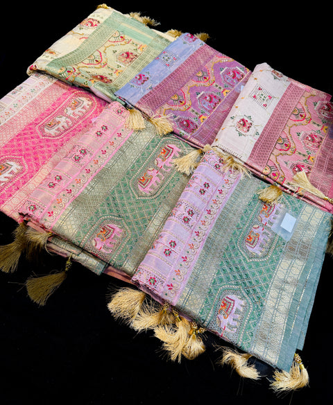 (Video clip attached ) Soft tissue silk embroidery saree with stone work and tessels attach