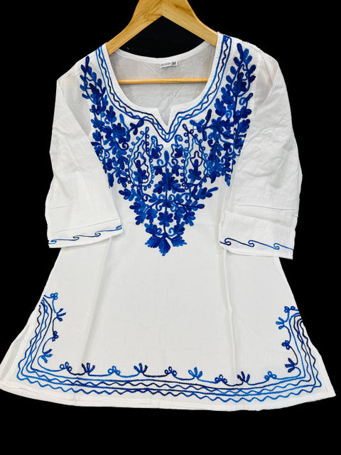 Embroidered Lucknow Chikankari White pure Cotton Short Kurti Top Tunic for Women