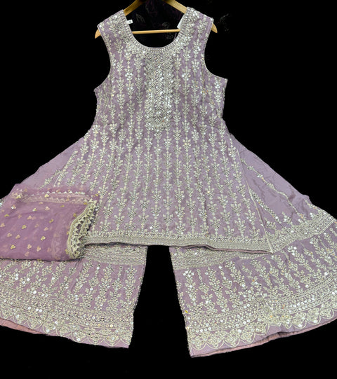 Georgette based sequined and embroidery work kameez with sharara pants and netting dupatta