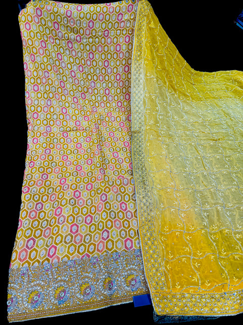 (Video clip attached) Yellow shades pure chiffon based embroidery work with handwork kameez with plain silk bottom fabric (2.75 mtrs) and chiffon based heavy hand work dupatta