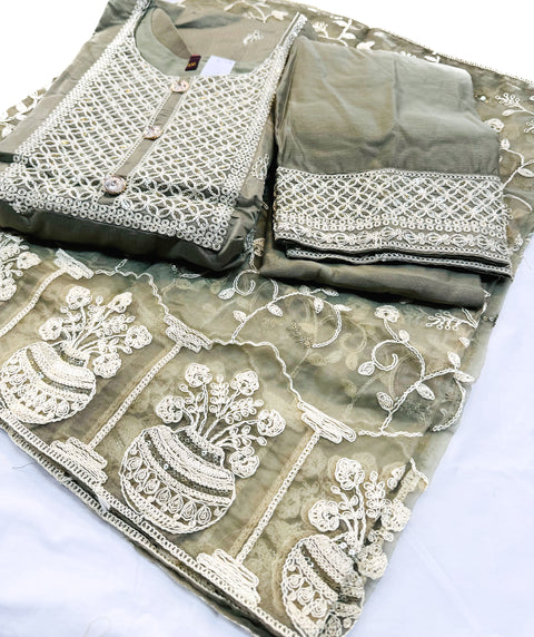 Cotton Silk based embroidery work designer kameez with embroidery design plazo pants and organza based embroidery jaal dupatta