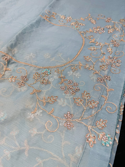 Aqua Blue Colour Heavy Stone Work & Embroidery Jaal Work Beautiful shimmery georgette Designer Saree and embroidery work blouse piece
