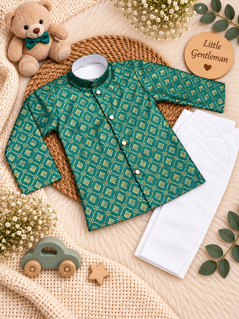 Adorable Brocade Silk Newborn Kurta Pajama Set with soft inner lining, easy front-open kurta and matching elasticated pajama for comfortable wear.Kurta L 35 cm,Chest 25 cm,Sleeve 24 cm,Pajama L 33 cm. Slight variation in colour & design may occur