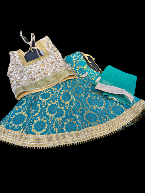 Brocade silk blouse with printed brocade silk lehnga & netting dupatta