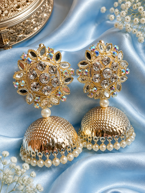 Lite Golden color Pearls & Stone Design Beautiful Jhumka very lite weight