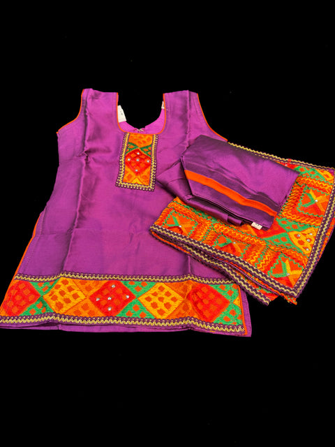 Purple colour silk based kids phulkari suit