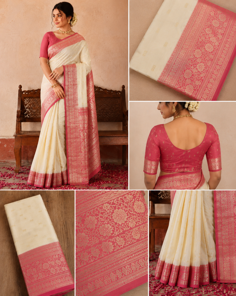 Plain Silk Saree With Contrast Zari Border And Contrast Plain Blouse, Model-Worn Blouse Is For Reference Only. Unstitched Blouse Piece Is Attached With Saree(Slight Variation In Color & Design Is Possible)