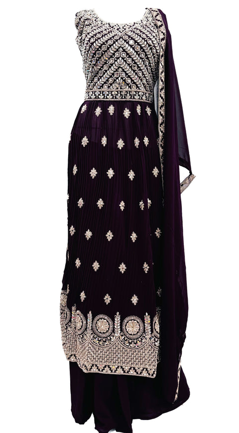 Georgette based original Mirror work with embroidery work Nayra cut kameez with plazo & dupatta