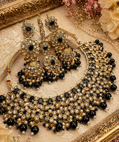 Polki stone with pearls beaded work beautiful necklace with jhumka and tikka set
